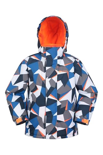 Mountain Warehouse Mogal Bedruckte, wasserdichte Kinder-Skijacke - Reißverschlusstaschen, abnehmbare Kapuze, mit Fleece, integrierter Schneefang -für Snowboarden, Winter Intensiv Blau 9-10 Jahre von Mountain Warehouse