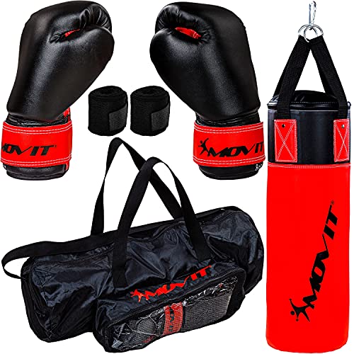 MOVIT® Boxsack-Set 5,5kg, gefüllt, inkl. Boxsack, (Höhe 60cm x Durchmesser 20cm), 8 oz Boxhandschuhe, Boxbandagen und Tasche, für Kinder und Jugendliche, Boxing Boxen, rot-schwarz von MOVIT