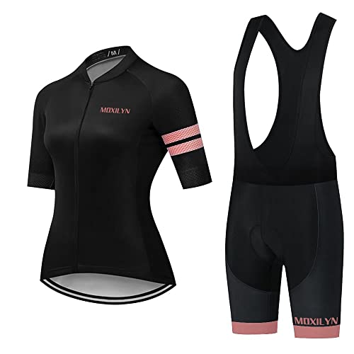 Damen Fahrradtrikot Set, Outdoor Kurzarm Radsport-Shirt+20D Gel Gepolsterte Kurze Hose Fahrradhose Atmungsaktiv Schnelltrocknend von Moxilyn