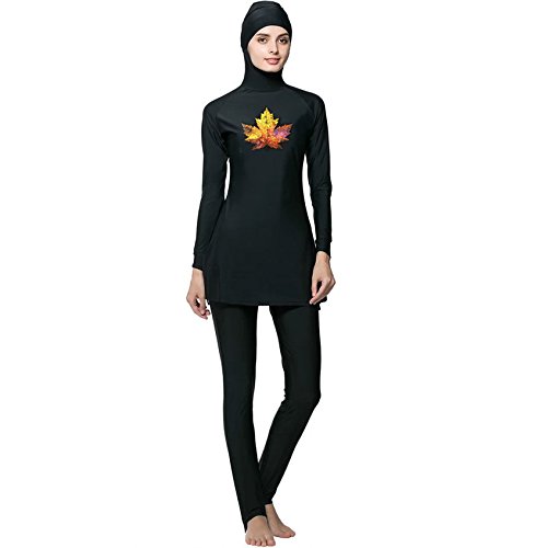 Mr Lin123 Muslimische Frauen Spa Bademode Islamischer Badeanzug Full Face Hijab Schwimmen Beachwear Badeanzug Sport Kleidung Schwarz (Ahornblatt, 3XL) von Mr Lin123