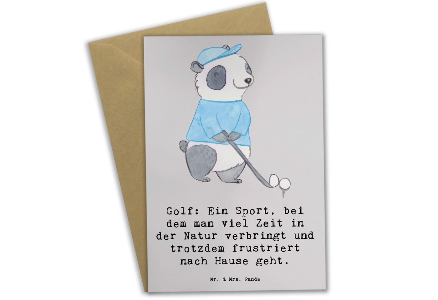 Mr. & Mrs. Panda Grußkarte Golf Erlebnis - Grau Pastell - Geschenk, Natur, Hochzeitskarte, Putte, Einzigartige Motive von Mr. & Mrs. Panda