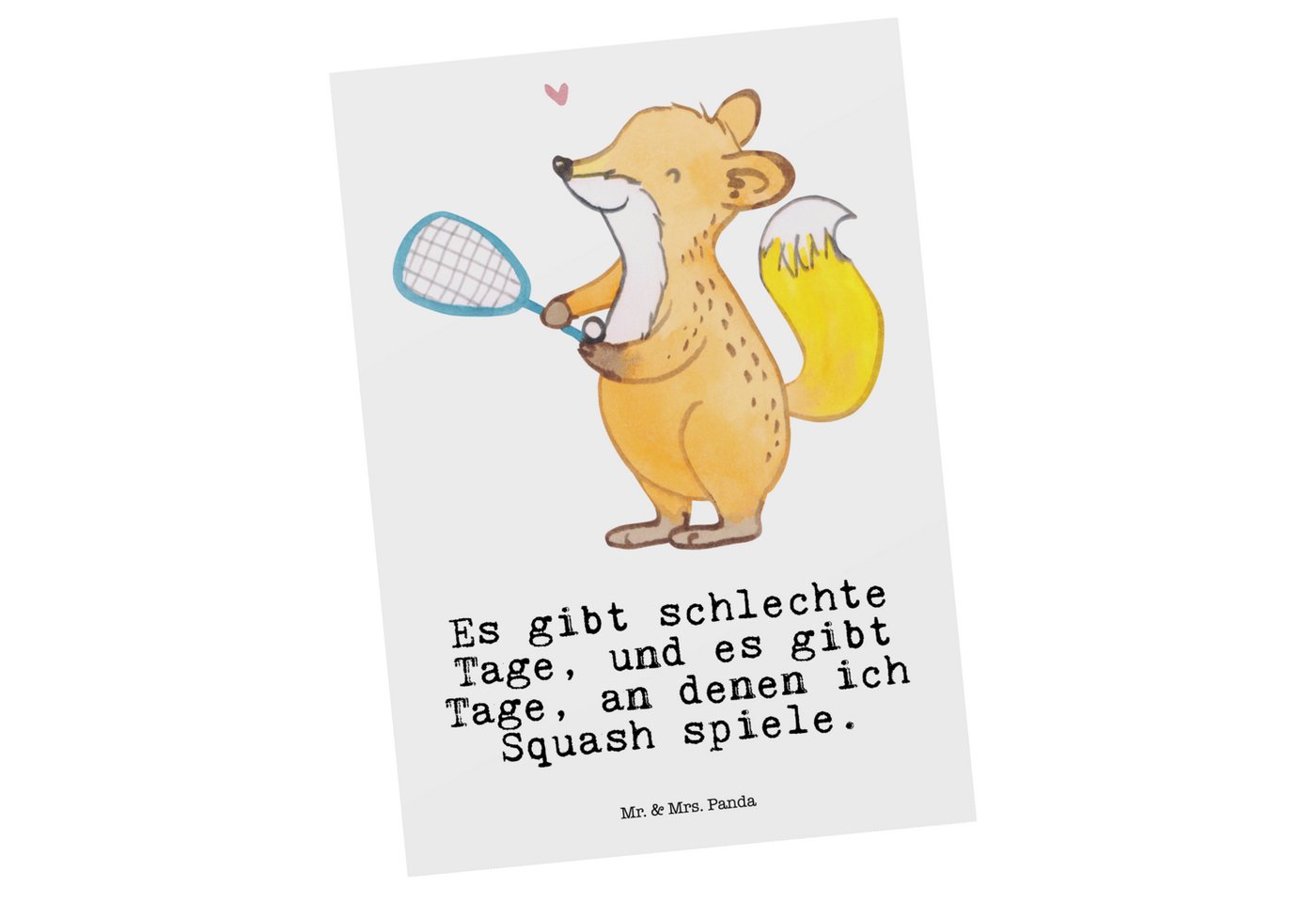 Mr. & Mrs. Panda Postkarte Fuchs Squash spielen - Weiß - Geschenk, Ballsport, Gewinn, Geschenkka, Matt Rückseite von Mr. & Mrs. Panda