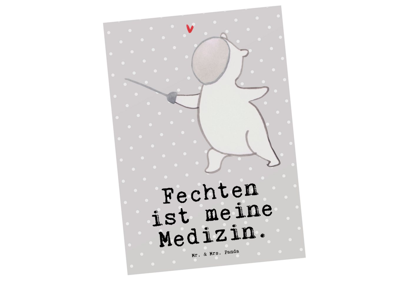 Mr. & Mrs. Panda Postkarte Panda Fechten - Grau Pastell - Geschenk, Schenken, Sportler, Einladun, Matte Rückseite von Mr. & Mrs. Panda