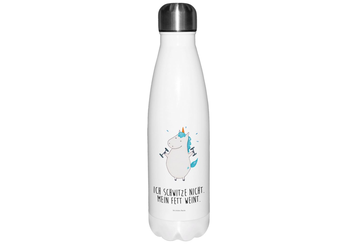 Mr. & Mrs. Panda Thermoflasche Einhorn Fitness - Weiß - Geschenk, Trinkflasche, Edelstahl, Geräte, E, Liebevolle Designs von Mr. & Mrs. Panda