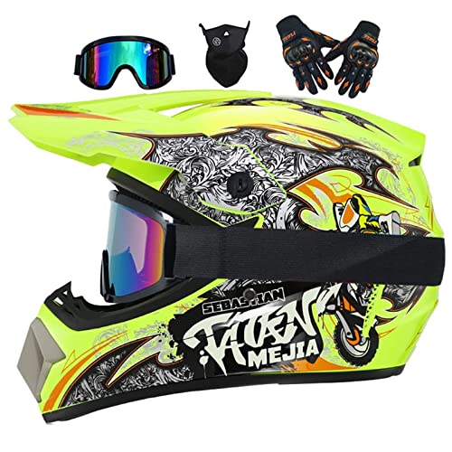 Fullface Helm MTB, Motocross Helm Kinder, Helm Set Herren ATV Motorradhelm MX Enduro, ABS-Schale, MTB Helm Fullface Kinder, Motorradhelm Motorrad Downhill Helm, Mit Handschuhe Maske Brille von MtQcBdHy