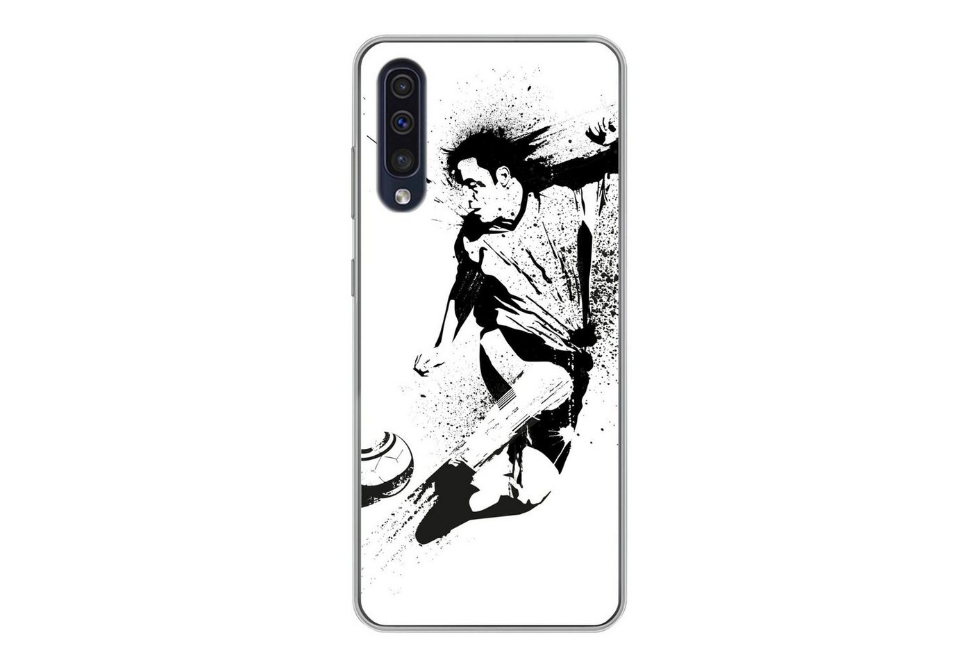 MuchoWow Handyhülle Eine Illustration einer Person, die einen Fußball in Richtung Tor, Handyhülle Samsung Galaxy A30s, Smartphone-Bumper, Print, Handy von MuchoWow