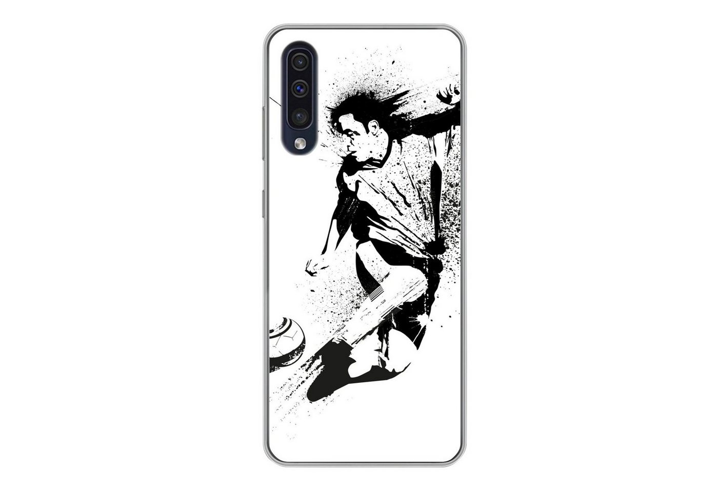 MuchoWow Handyhülle Eine Illustration einer Person, die einen Fußball in Richtung Tor schi MuchoWow Handyhülle Eine Illustration einer Person, die einen Fußball in Richtung Tor schi von MuchoWow