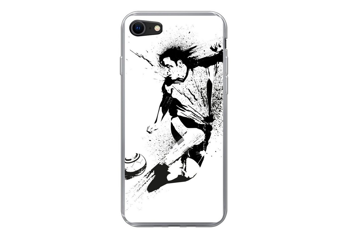 MuchoWow Handyhülle Eine Illustration einer Person, die einen Fußball in Richtung Tor schi MuchoWow Handyhülle Eine Illustration einer Person, die einen Fußball in Richtung Tor schi von MuchoWow