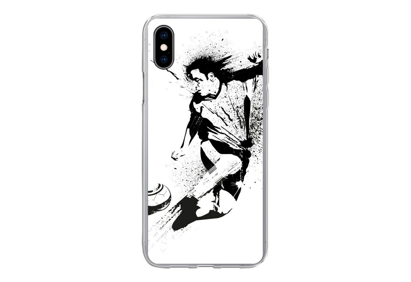 MuchoWow Handyhülle Eine Illustration einer Person, die einen Fußball in Richtung Tor schi MuchoWow Handyhülle Eine Illustration einer Person, die einen Fußball in Richtung Tor schi von MuchoWow