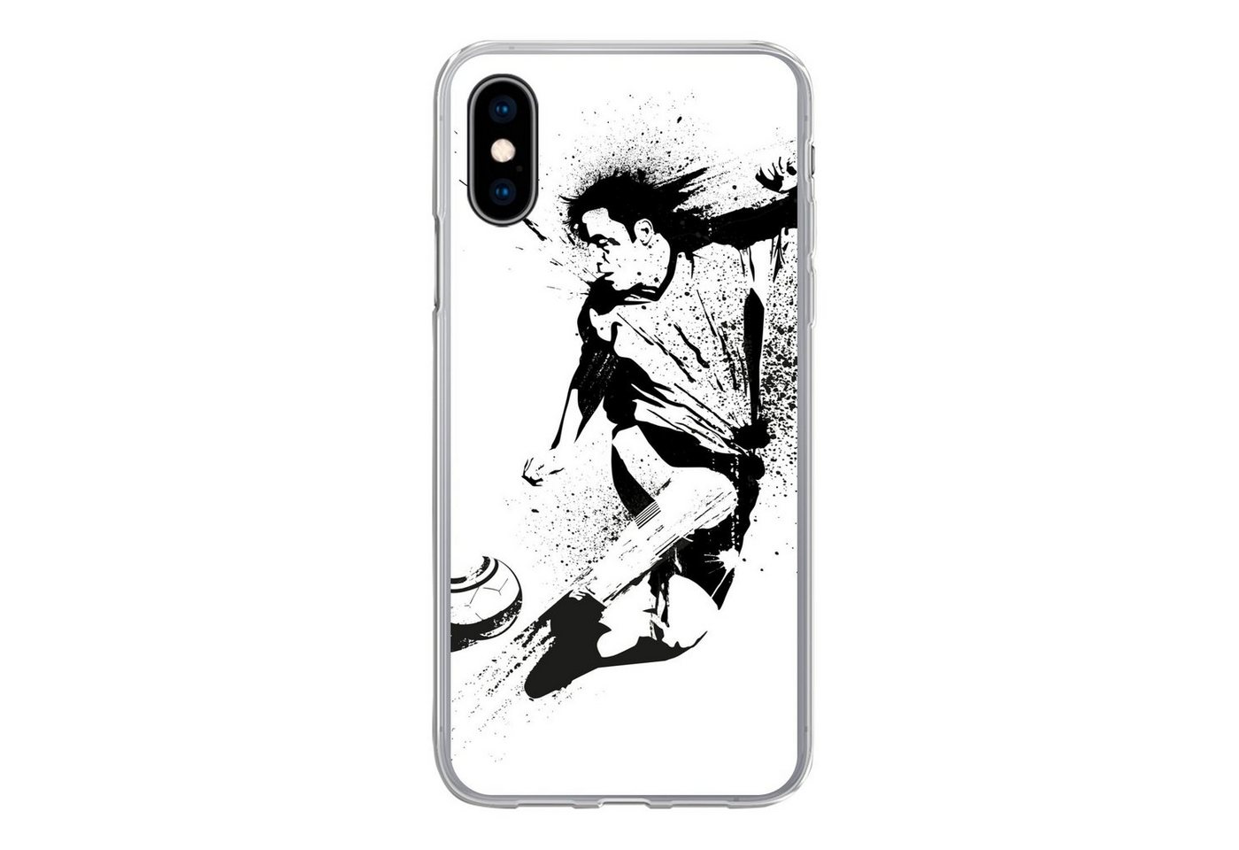 MuchoWow Handyhülle Eine Illustration einer Person, die einen Fußball in Richtung Tor schi MuchoWow Handyhülle Eine Illustration einer Person, die einen Fußball in Richtung Tor schi von MuchoWow