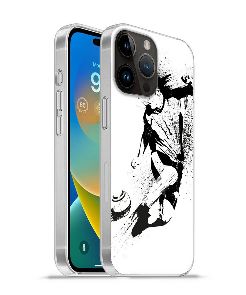 MuchoWow Handyhülle Eine Illustration einer Person, die einen Fußball in Richtung Tor schi MuchoWow Handyhülle Eine Illustration einer Person, die einen Fußball in Richtung Tor schi von MuchoWow