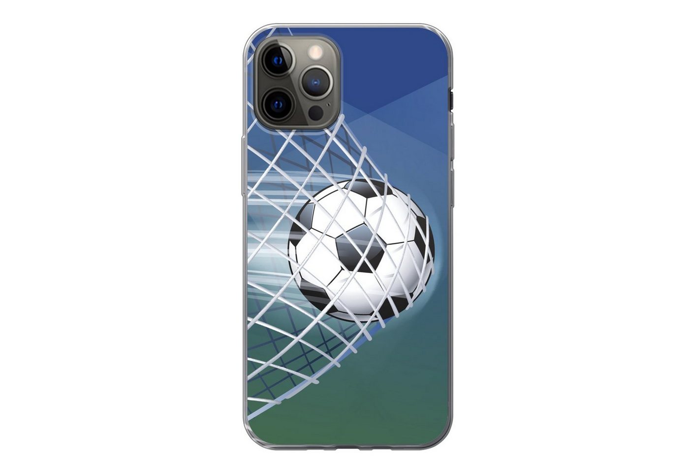MuchoWow Handyhülle Eine Illustration eines Fußballs im Netz - Jungen - Mädchen - Kinder, Handyhülle Apple iPhone 12 Pro, Smartphone-Bumper, Print, Handy von MuchoWow