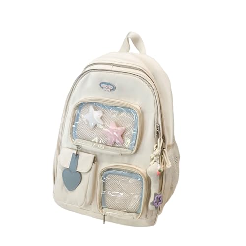 Mumuve Koreanischer ästhetischer Rucksack für Teenager und Mädchen, mit transparenten Taschen, Pin-Display, Laptoptasche, großes Fassungsvermögen, Schulbuchtasche, weiß, As shown in the picture (1-3cm von Mumuve