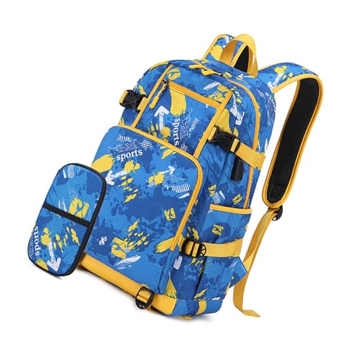 Mumuve Schulranzen Rucksack mit Federmäppchen Set für Jungen und Mädchen Laptoptaschen Große Kapazität Tagesrucksack USB Aufladen, blau, As shown in the picture (error 1-3cm) von Mumuve