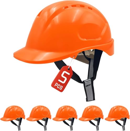 Mustbau Baustellenhelm, Baustellenschutzhelm, mit 6-Punkt-Gurt, 52 bis 66 cm, verstellbarer Kopfumfang, sehr atmungsaktiv, für Männer, Frauen, Orange, 5 Stück von Mustbau