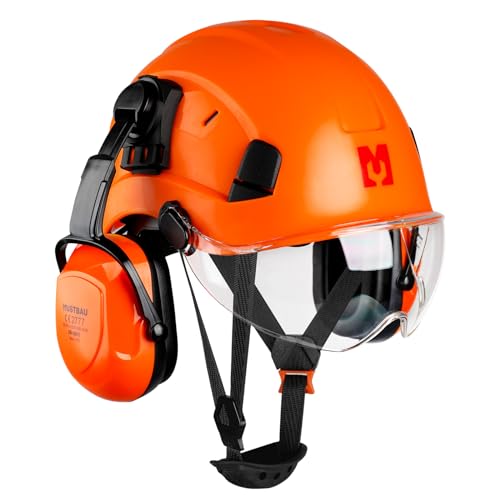 Mustbau Sicherheitshelm, EN397 Schutzhelme mit Kapselgehörschützern und Visier, 53 bis 63cm Verstellbarer Kopfumfang, strapazierfähiges ABS-Material Für Männer Frauen - Orange von Mustbau