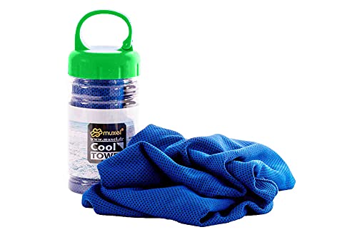 Muxel Cool Down Tuch Handtuch Kühltuch gegen Schweiß Sporthandtuch Fitnesshandtuch 2 Tücher und Flasche BLAU von Muxel