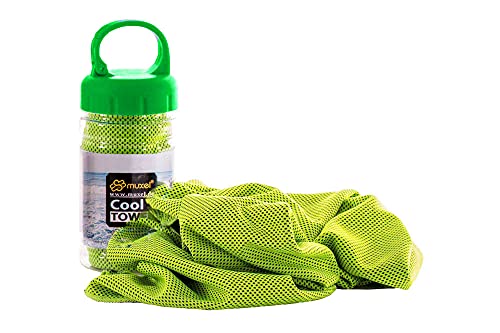Muxel Cool Down Tuch Handtuch Kühltuch gegen Schweiß Sporthandtuch Fitnesshandtuch 2 Tücher und Flasche GRÜN von Muxel
