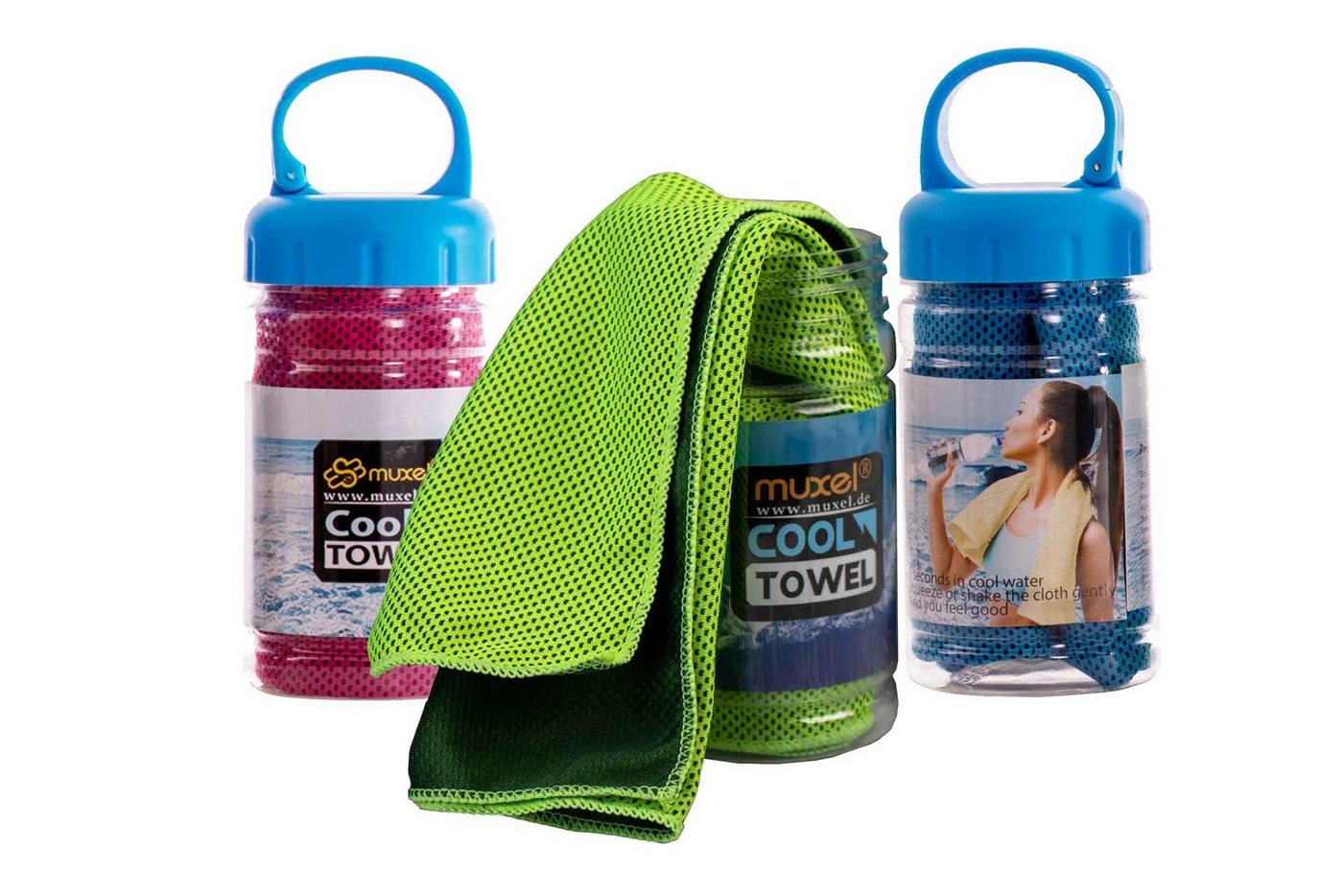 Muxel Massagerolle 3 x Cool Down Towel Kühltücher Fitnesstücher Sporttücherin der Flasche (3-tlg) von Muxel