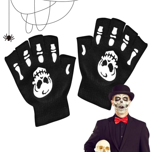 Mxshc Schädel-Knochen-Handschuhe, Kinder-Schädel-Handschuhe - Halloween Halbfinger-Totenkopf-Fäustlinge, die im Dunkeln leuchten,Warme Halloween-Skull-Fäustlinge zum Laufen, Trainieren, Wandern, von Mxshc