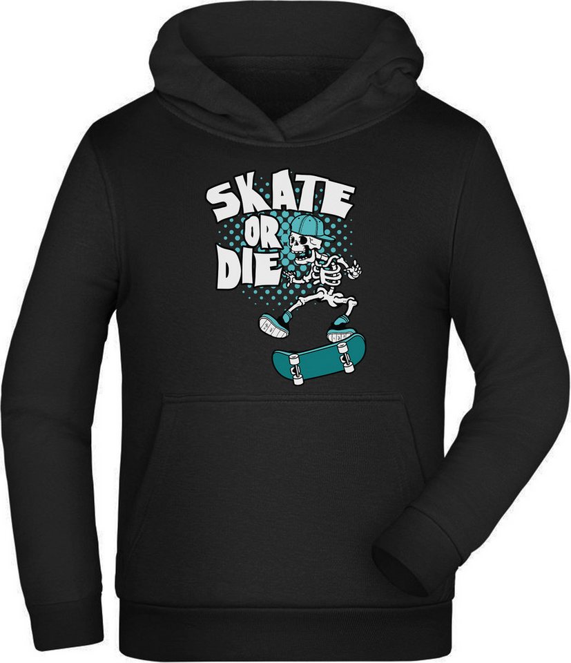 MyDesign24 Hoodie Kinder Kapuzen Sweatshirt Skater Hoodie "Skelett, Skate or Die" Kapuzensweater mit Aufdruck, i518 von MyDesign24