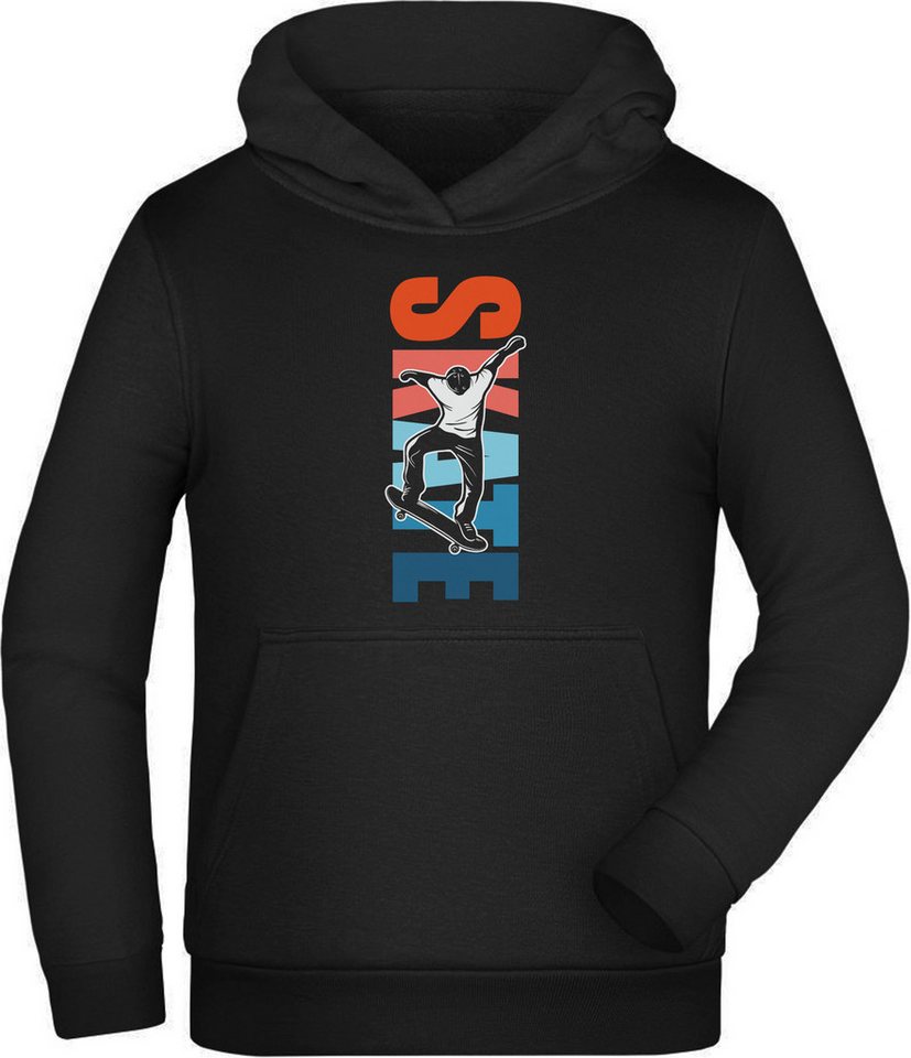 MyDesign24 Hoodie Kinder Kapuzensweater - Springender Skater vor buntem Skate Schriftzug Kapuzenpulli mit Aufdruck, i550 von MyDesign24