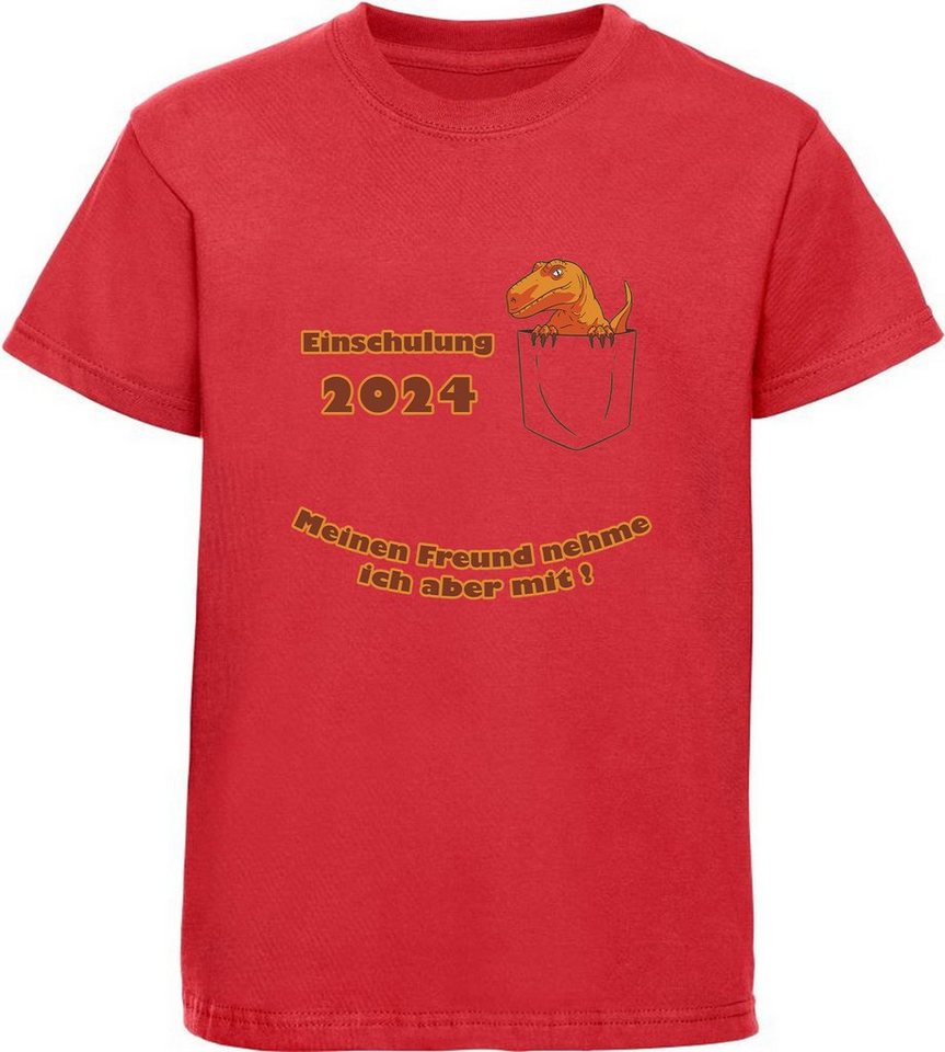 MyDesign24 Print-Shirt bedrucktes Kinder T-Shirt - Einschulung 2024 Raptor in Tasche 100% Baumwolle i32, rot von MyDesign24
