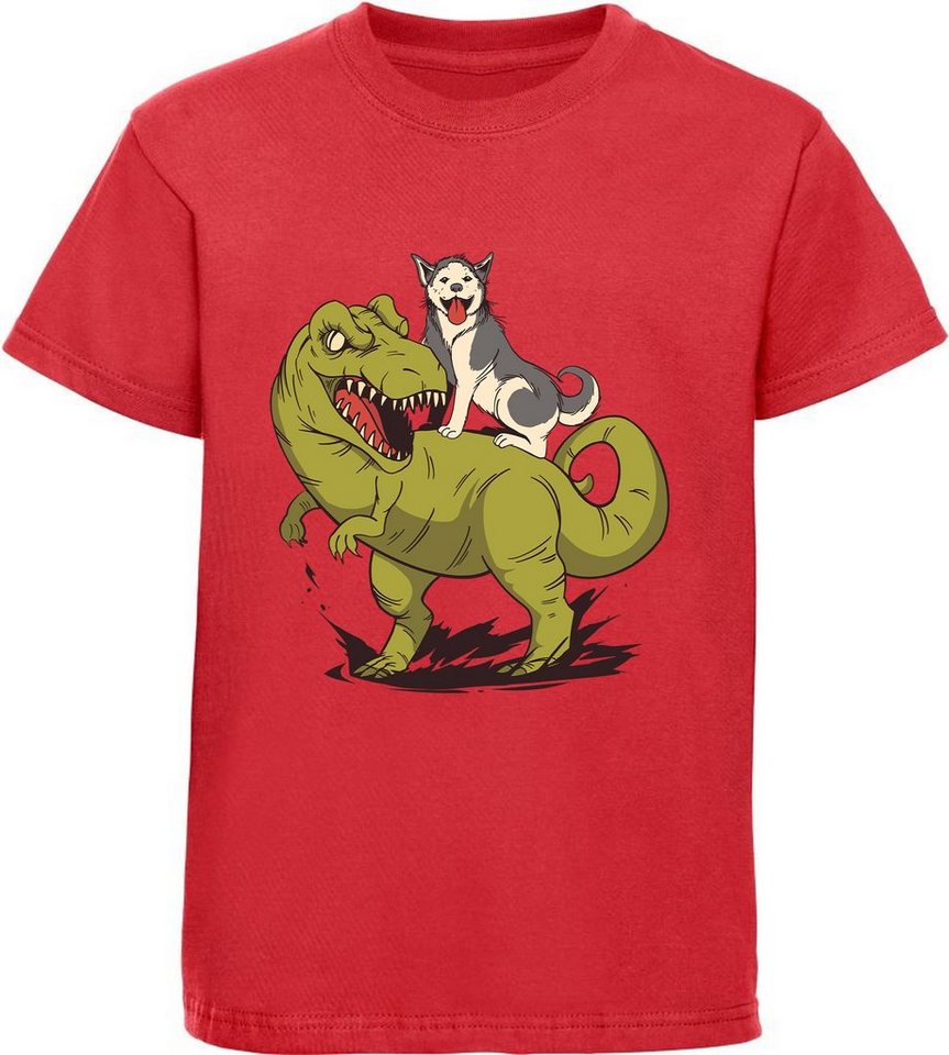 MyDesign24 Print-Shirt bedrucktes Kinder T-Shirt Hund auf T-Rex Baumwollshirt mit Dino, schwarz, weiß, rot, blau, i94 von MyDesign24