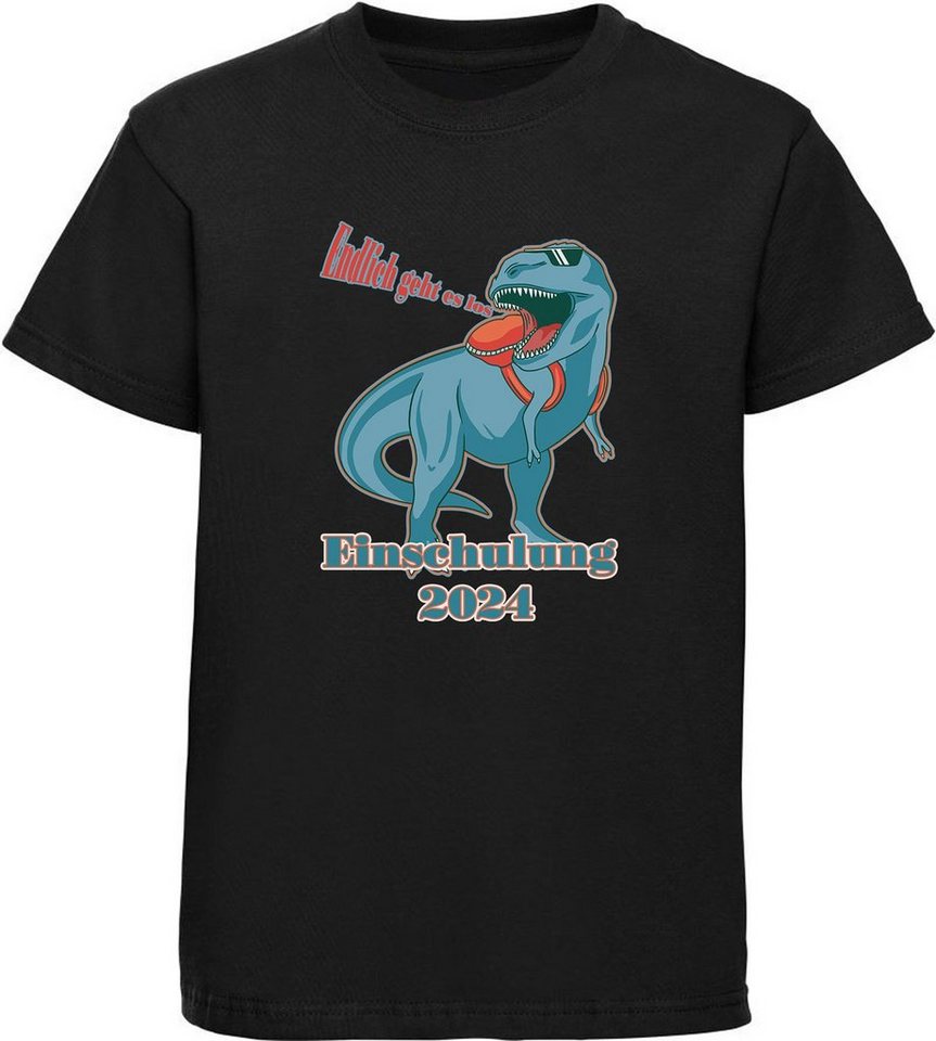 MyDesign24 Print-Shirt bedrucktes Kinder T-Shirt T-Rex - Endlich geht es los Baumwollshirt Einschulung 2024 Aufdruck, schwarz, weiß, rot, blau, i37 von MyDesign24