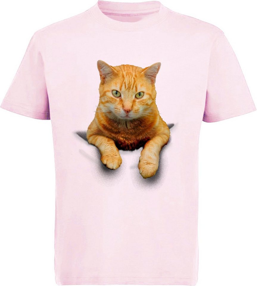 MyDesign24 Print-Shirt bedrucktes Mädchen T-Shirt Katze in der Tasche Baumwollshirt mit Katze, weiß, schwarz, rot, rosa, i109 von MyDesign24