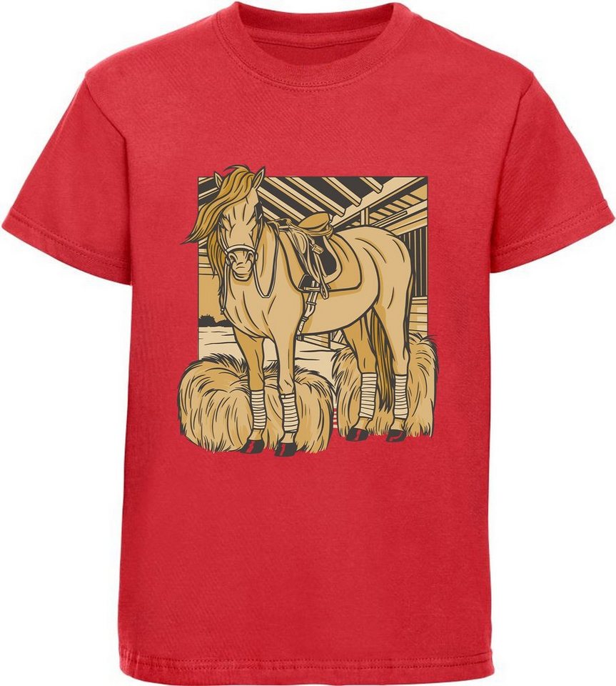 MyDesign24 Print-Shirt bedrucktes Mädchen T-Shirt ein Pferd im Stall Baumwollshirt mit Aufdruck, i147 von MyDesign24