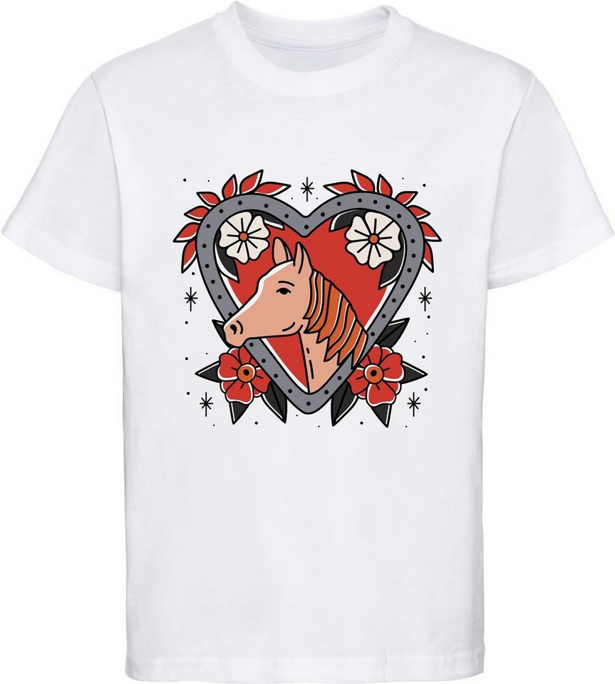 MyDesign24 Print-Shirt bedrucktes Mädchen T-Shirt mit Pferd im Blumenherz Baumwollshirt mit Aufdruck, weiß, schwarz, rot, rosa, i137 von MyDesign24