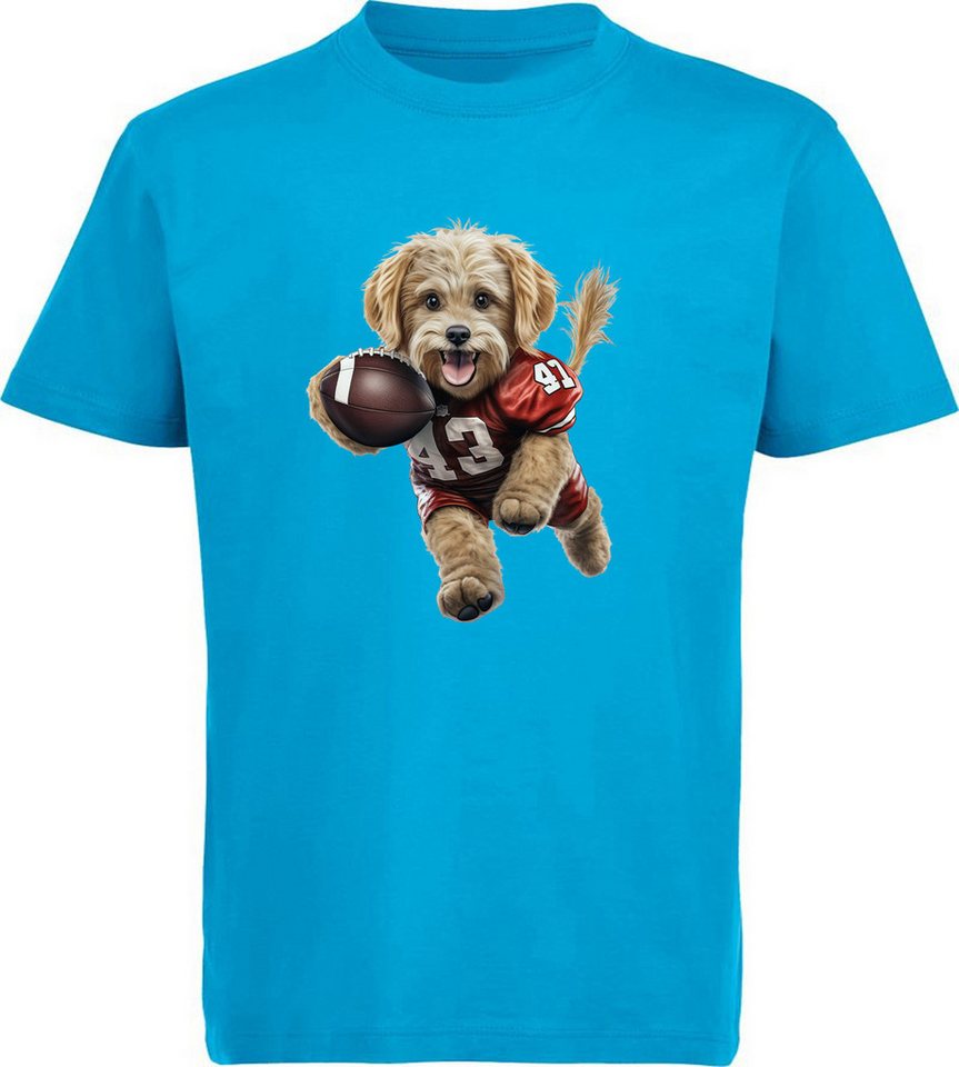 MyDesign24 T-Shirt Kinder Print Shirt Hund im American Football Dress Bedrucktes Jungen und Mädchen American Football T-Shirt, i499 von MyDesign24