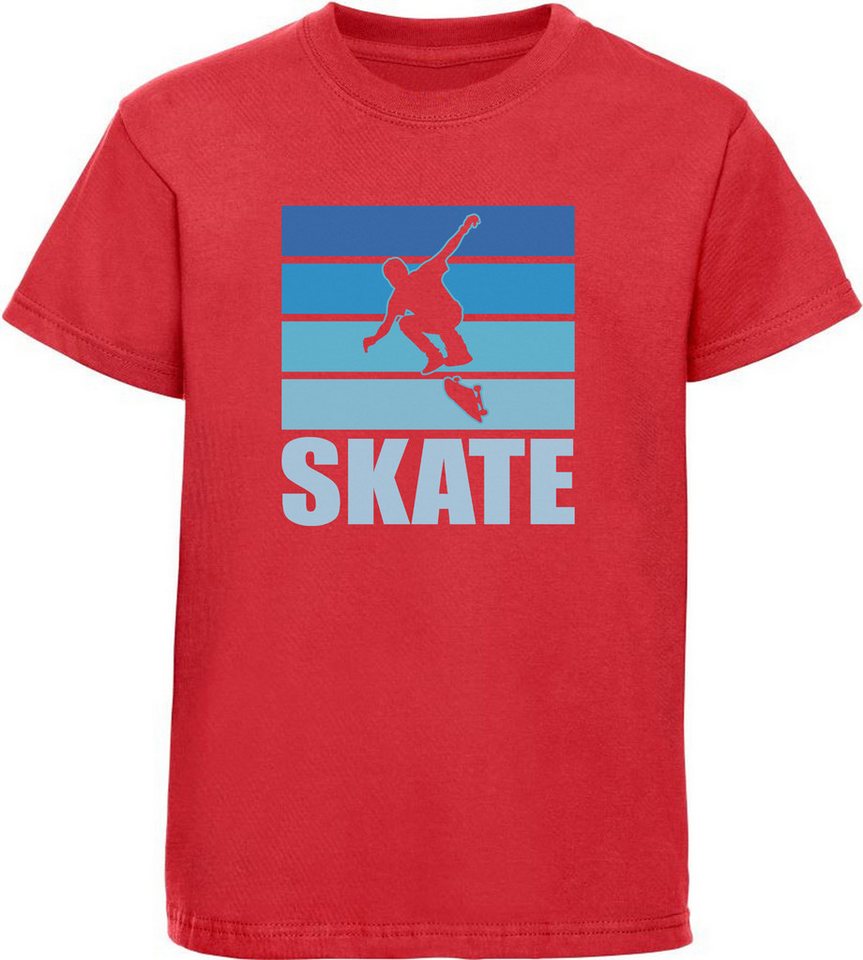 MyDesign24 T-Shirt Kinder Print Shirt Skateboarder Silhouette vor blauem Skate Schriftzug Bedrucktes Jungen und Mädchen Skater T-Shirt i549 MyDesign24 T-Shirt Kinder Print Shirt Skateboarder Silhouette vor blauem Skate Schriftzug Bedrucktes Jungen und Mädchen Skater T-Shirt i549 von Mydesign24