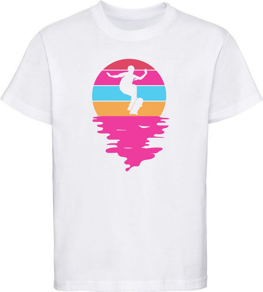 MyDesign24 T-Shirt Kinder Print Shirt Springende Skateboarder Silhouette vor Retro Sonne Bedrucktes Jungen und Mädchen Skater T-Shirt i527 MyDesign24 T-Shirt Kinder Print Shirt Springende Skateboarder Silhouette vor Retro Sonne Bedrucktes Jungen und Mädchen Skater T-Shirt i527 von MyDesign24