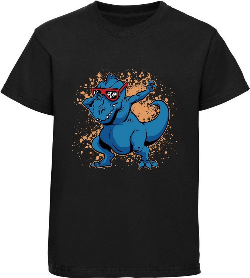 MyDesign24 T-Shirt bedrucktes Kinder T-Shirt T-Rex mit Brille am tanzen 100% Baumwolle mit Dino Aufdruck, schwarz i49 von MyDesign24