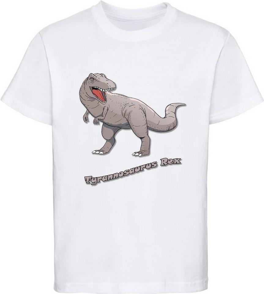 MyDesign24 T-Shirt bedrucktes Kinder T-Shirt mit Tyrannosaurus Rex 100% Baumwolle mit Dino Aufdruck, weiss i53 von MyDesign24
