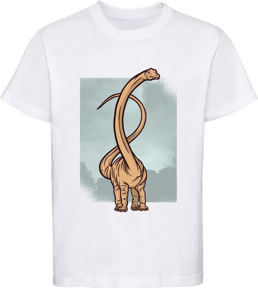 MyDesign24 T-Shirt bedrucktes Kinder T-Shirt mit langhalssaurier 100% Baumwolle mit Dino Aufdruck, weiss i48 von MyDesign24