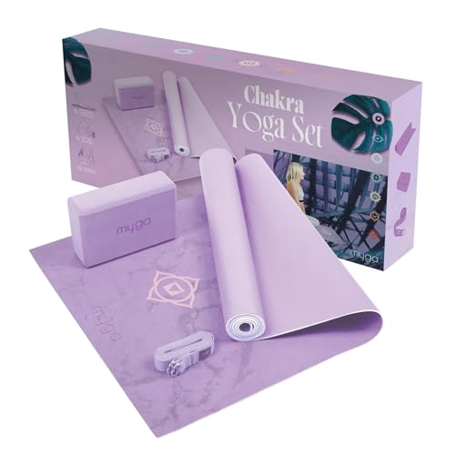 Myga Yoga Starter Kit | Komplettes Set mit Yogamatte, Yogablock & Gurt | rutschfest & Unterstützend | Ideal für Anfänger & Zuhause sowie Reisen | Fliederfarbenes Chakra Design von Myga