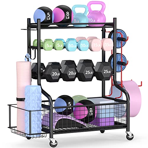 Mythinglogic Hantelständer, Multifunktionaler Kurzhantelständer für Hanteln, Yoga Matte, Faszienrolle, Kettlebell und Yoga Block, Hantelhalter aus Pulverbeschichtetem Stahl mit Rädern und Haken Mythinglogic Hantelständer, Multifunktionaler Kurzhantelständer für Hanteln, Yoga Matte, Faszienrolle, Kettlebell und Yoga Block, Hantelhalter aus Pulverbeschichtetem Stahl mit Rädern und Haken von Mythinglogic