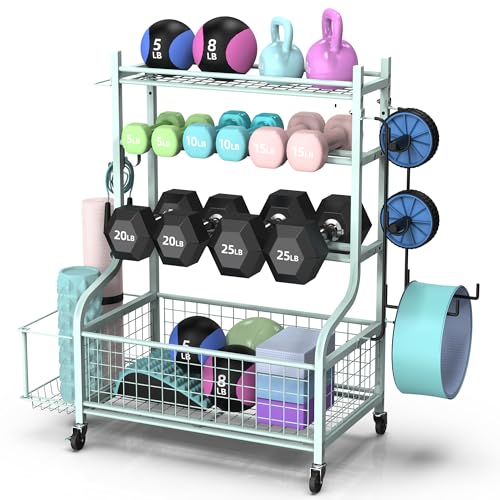 Mythinglogic Hantelständer, Multifunktionaler Kurzhantelständer für Hanteln, Yoga Matte, Faszienrolle, Kettlebell und Yoga Block, Hantelhalter aus Pulverbeschichtetem Stahl mit Rädern und Haken von Mythinglogic