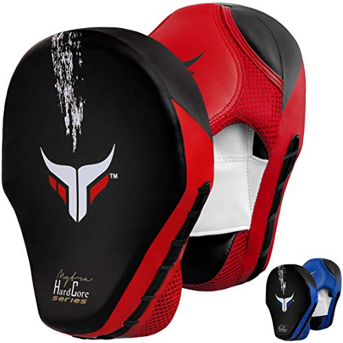 Curved Focus Pads, Hook & Jab Mitts, Boxing Training Pads Made with Genuine Cowhide Leather. (Red Black) von Mytra Fusion