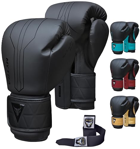 Mytra Fusion Boxhandschuhe Im Lieferumfang von Free Hand Wraps enthalten Box Handschuhe MMA Training Muay Thai Handschuhe Männer & Damen Kickbox Handschuhe (16-oz, Black) von Mytra Fusion