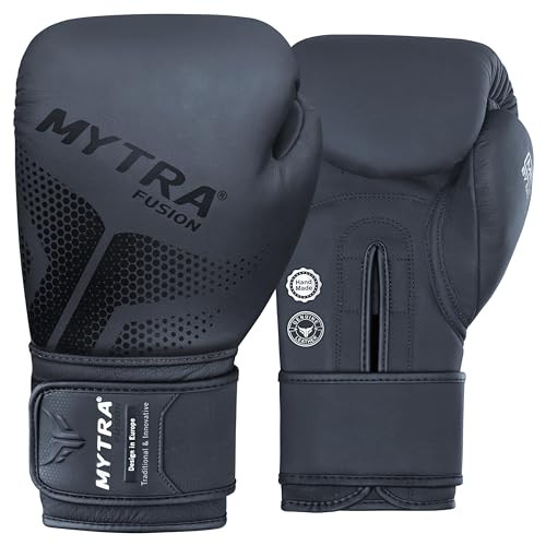 Mytra Fusion Boxhandschuhe Männer und Damen Muay Thai Handschuhe Echtes Leder Box Handschuhe für Boxen, Schlagen, MMA-Training und Workout 10, 12, 14, 16 oz Boxing Gloves (Black, 12-oz) von Mytra Fusion