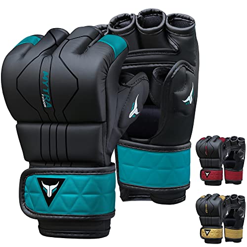 Mytra Fusion MMA Handschuhe mit offener belüfteter Handfläche MMA Sparring Handschuhe Kickboxen, Grappling, Training, Cage Fighting Mixed Martial Arts Handschuhe (S, Black/Turquoise) von Mytra Fusion