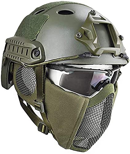 PJ Typ Tactical Paintball Airsoft Multifunktionaler Fast Helm & Protect Ear Faltbare Doppelgurte Half Face Mesh Maske & Goggle, OD, 19X20cm von NC