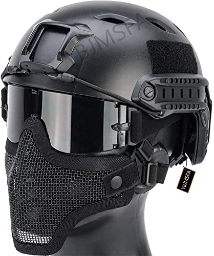 Taktischer Airsoft Quick Helm PJ Typ Und Faltbare Half-Face Air Gun Mesh Maske, Schutzbrille Mit 3 Linsen, Geeignet Für CS/Jagd/Paintball/Schießen, BK, Head circumference 54~63CM von NC