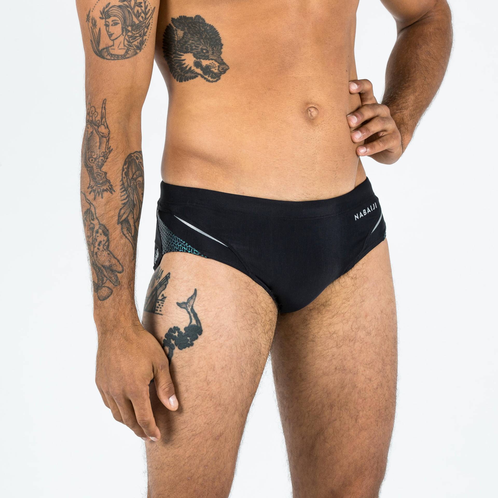 Badehose Slip Herren - 900 Yoke Tram schwarz/grün von NABAIJI