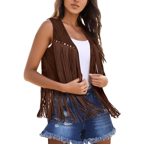 NAFING Cowboy Weste Damen, Fransenweste Damen Hippie - Wildleder Weste Mit Fransen 70er Jahre Kostüm Ärmellose Cowgirl Mantel Quaste Jacke Faschingskostüme Disco Vintage Kleidung Karneval Kostüm von NAFING