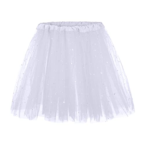 NAFING Tüllrock Weiß, Tütü Damen, Rock Damen, Tüllrock Damen Mit Pailletten - Retro Ballett Tütü Rock 50er Rockabilly 3 Lagig Petticoat Hohe Taille Party Unterrock Bauschiger Karneval Kostüm von NAFING